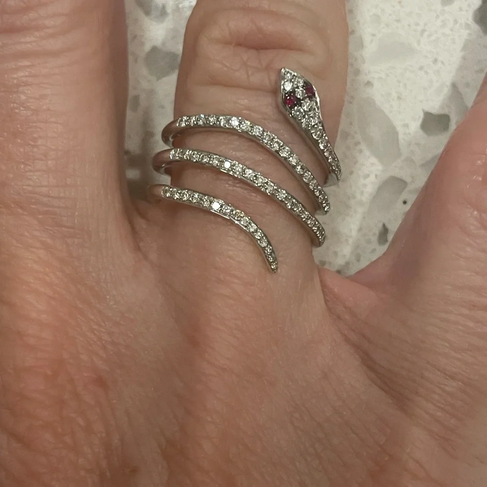 Anne Sisteron snake 14k white gold, .33 carats natural diamonds, .02 ruby size 6